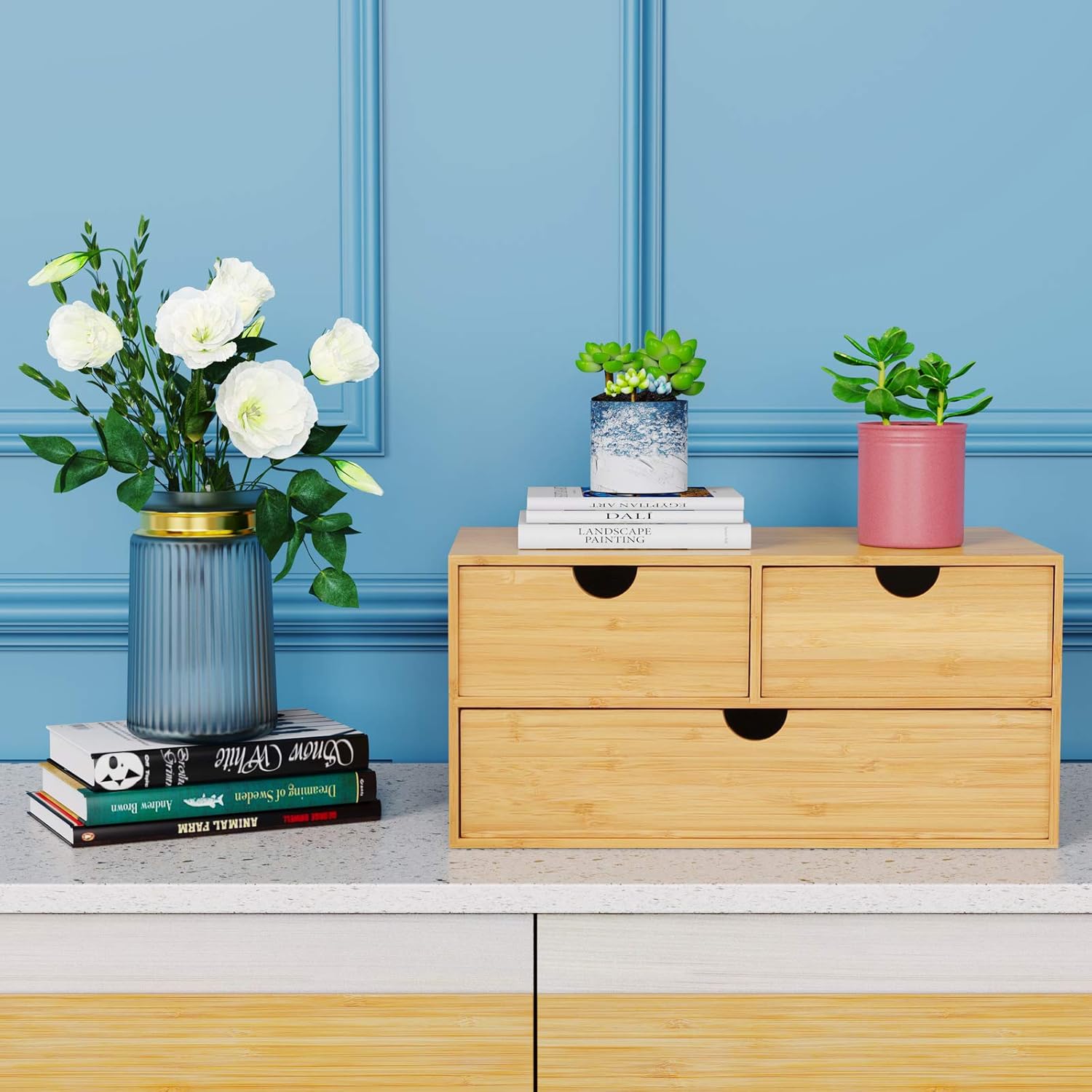 Wisuce Bamboo Desk Drawer Organizer, Desktop Organizer with Drawers Tabletop Storage Organization Box for Office Home Toiletries Supplies Vanity, No Assembly Required(3 Drawers-up down)