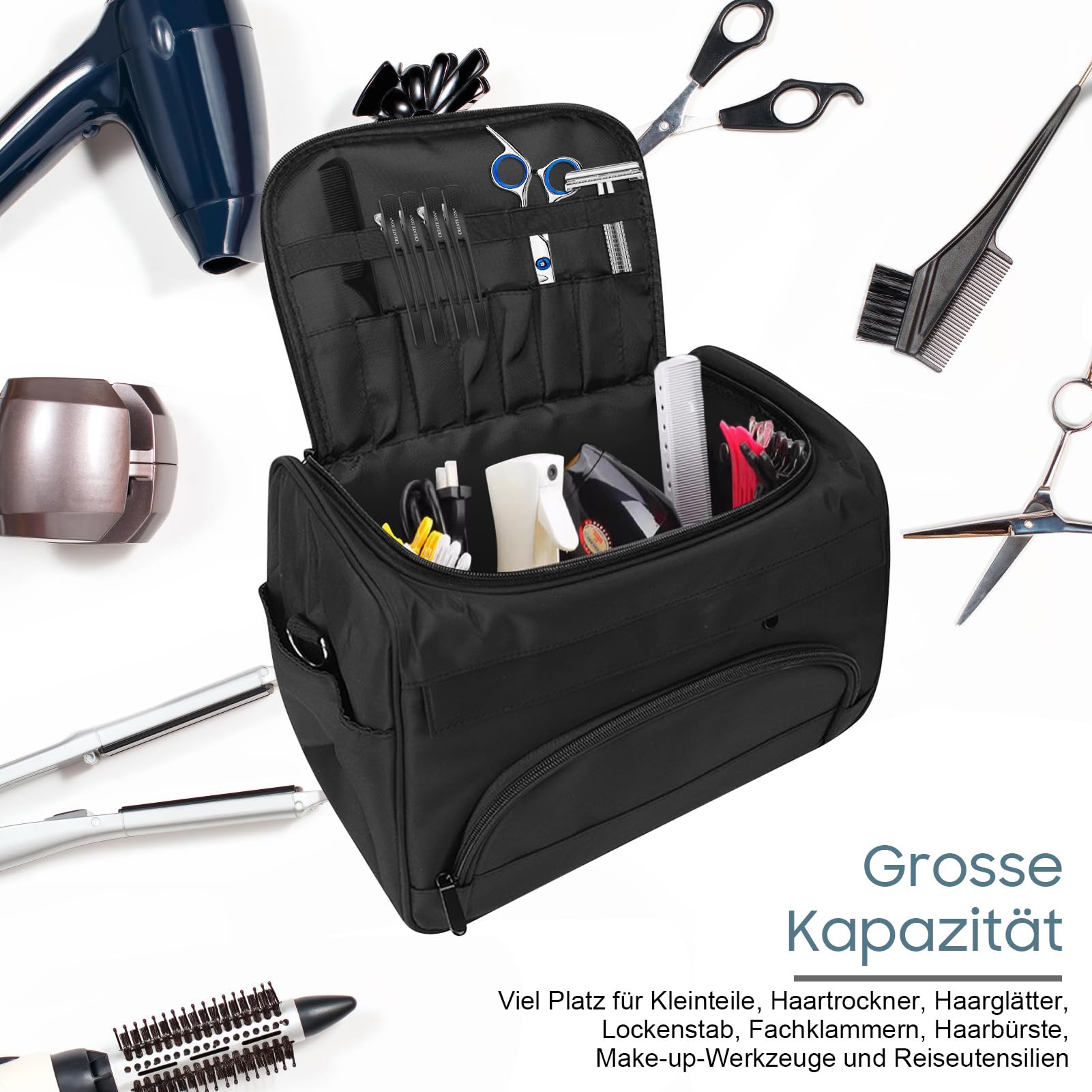 Borsa Trasporto Parrucchiere con Tracolla Regolabile Grande Borsa Organizzata Multi Strato per Attrezzatura Capelli Portatile Viaggio