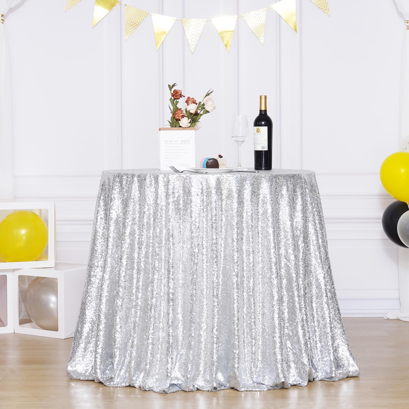 3E Home 50 inch Silver Sequin Tablecloth,Round Sequin Table Cover for Wedding Party Halloween Christmas Banquet (127cm)