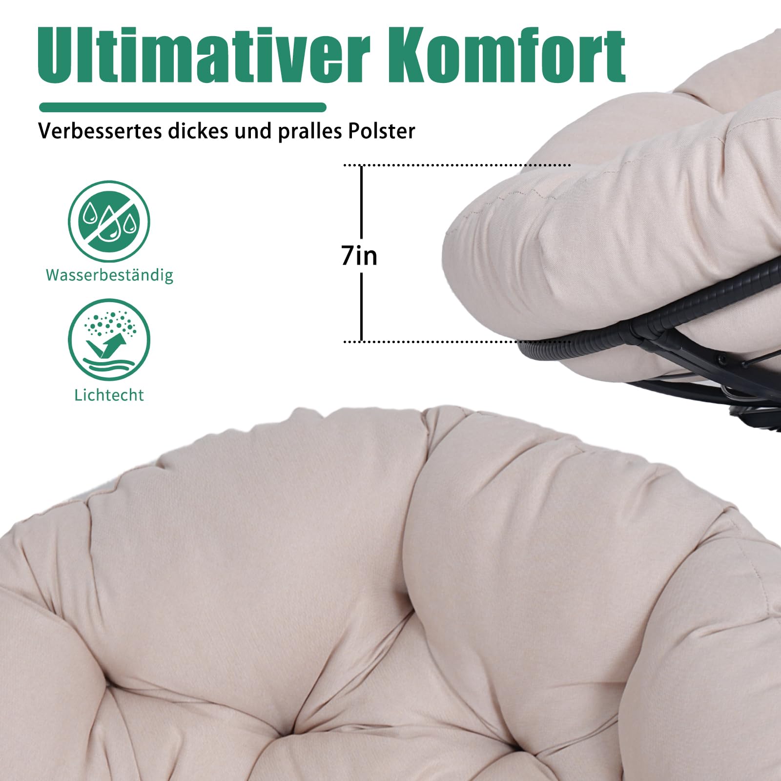 43" Ergonomischer 360°drehbarer Papasan-Sessel runder Korbsessel mit dickem Kissen Loungesessel für Wohnzimmer Schlafzimmer Leseecke Innen- Außenbereich, hellgraue Polsterung schwarzes Gestell