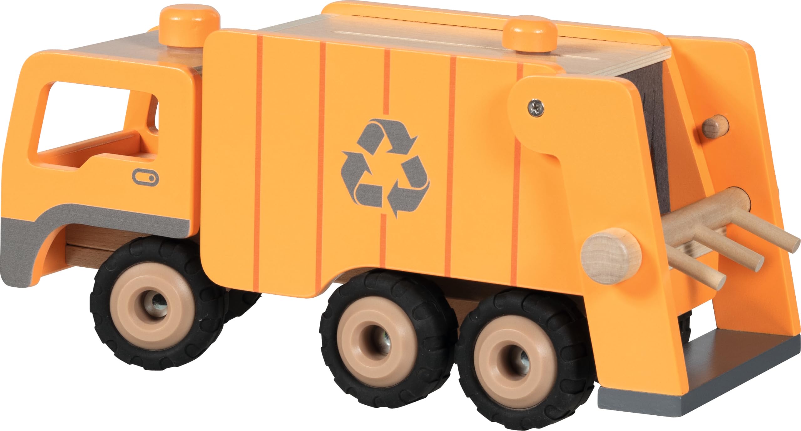 goki 55848 - Camión de Basura Eco de Madera – Dirigible Mediante botón Giratorio, Dispositivo de elevación y 2 Cubos de Basura, 36 × 16 × 17,5 cm
