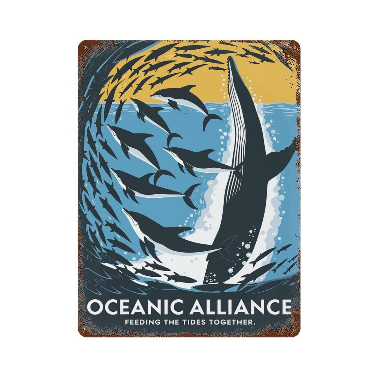 Oceanic Alliance Whale And Dolphins Illustration Weathered Tin Sign 15.7"x11.8", Classic Wall Plaque for Patio, Garden Room And Bar Decor