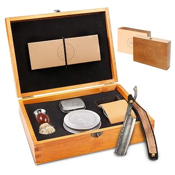 Naked Armor Damascus Straight Razor Kit - Straight Razor Shaving Kit for Men with Carbon Steel 7/8 Blade, Leather Strop, Organic Shave Soap, Synthetic Shaving Brush, Strop Paste, Leather Case, Gift
