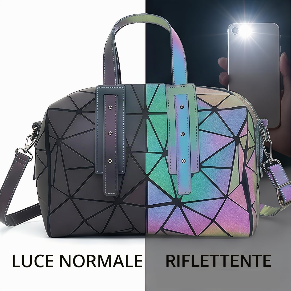 Borsa geometrica per le donne, borse e borse geometriche luminose, borse geometriche e borsa a tracolla olografica
