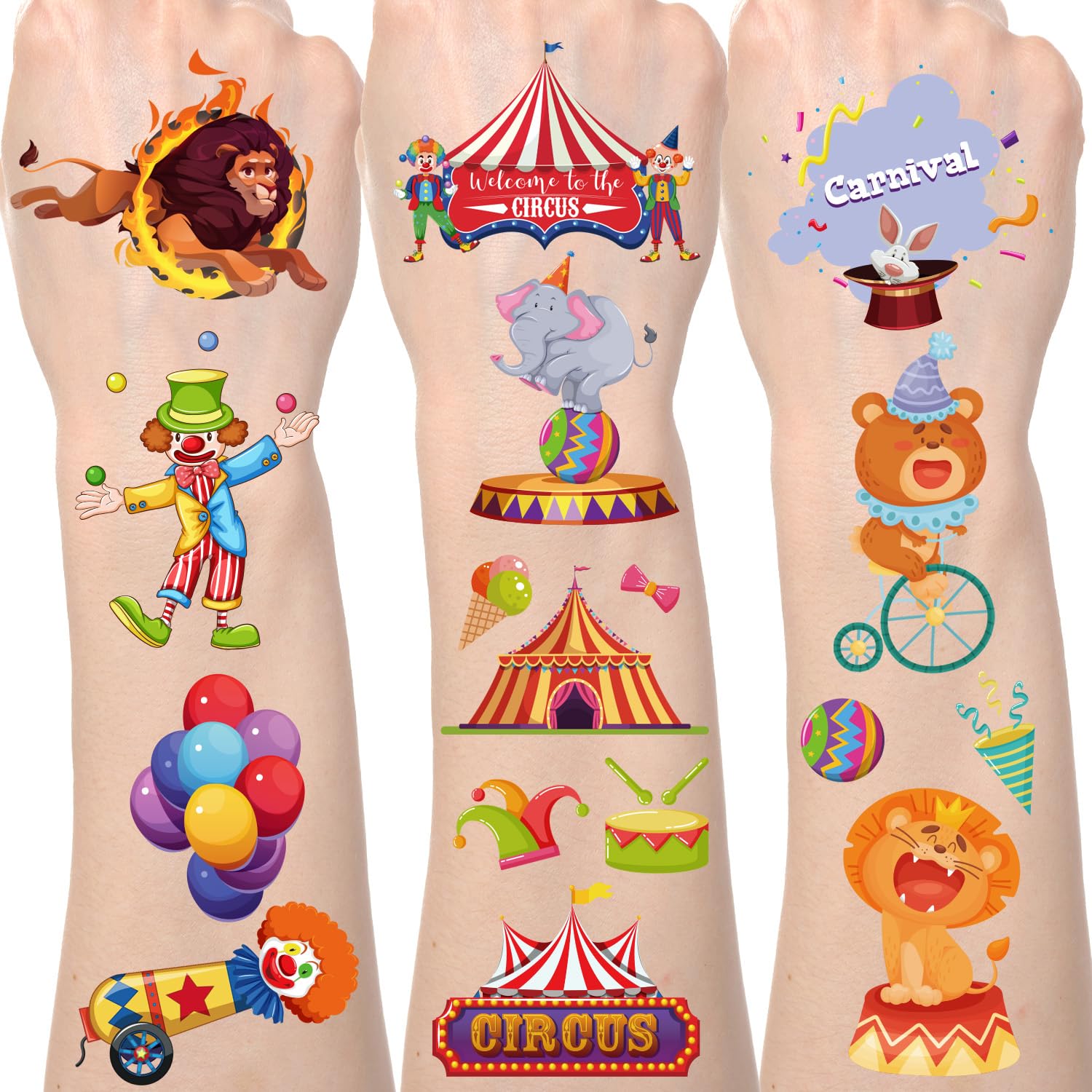 Carnival Circus Temporary Tattoos - 200+ Circus Themed Party Decorations Carnival Tattoos Stickers Circus Party Favors Gifts Funny Clown Tattoos Temporary Kids Party Supplies Rewards Prizes