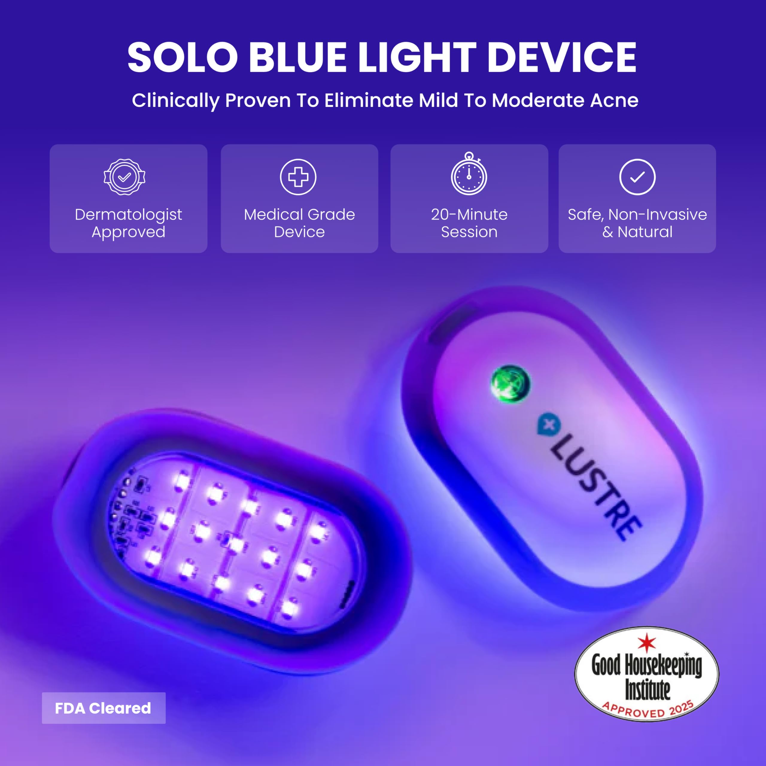 LUSTRE® ClearSkin Solo – Blue Light Acne Treatment Device, UV‑Free & Wireless | LED Therapy for Face & Body, Spots & Blemishes | Helps Reduce Breakouts, Inflammation & Redness | Gentle Skincare