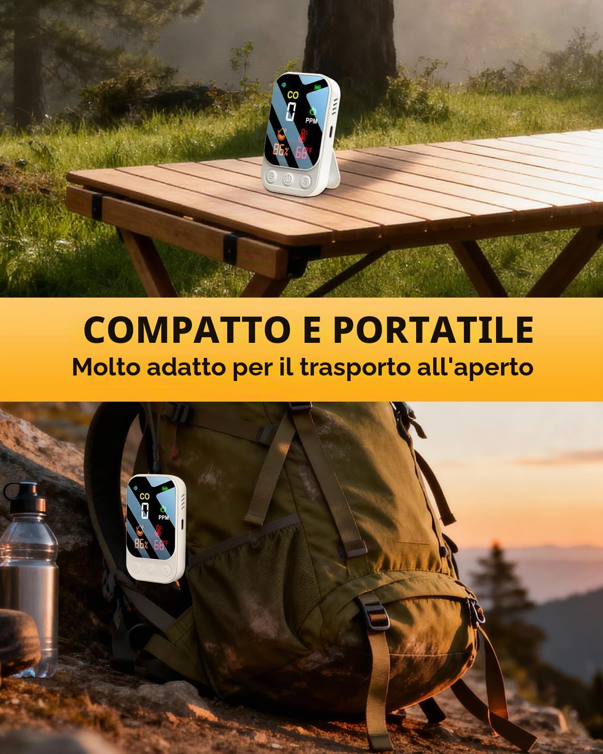3 in 1 Rilevatore di Monossido di Carbonio Portatile Co Allarme Rilevatore Monossido di Carbonio Ricaricabile con Temperatura Umidità Allarme Acustico e Visivo per Camper e Campeggio Viaggi
