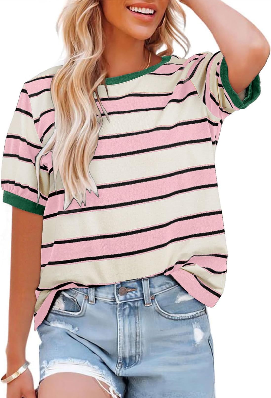 BUNSLOOM Oberteile Damen Sommer 2026 Gestreifte Color Block Kurzarm T-Shirt Rundhals Lässige Lockere Basic Tops Blusen