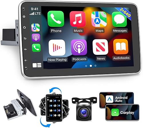 2G+64G 10.1 pulgadas Android 13 Single DIN coche estéreo pantalla táctil vertical Radio Rotatable Head Unit, Wired&Wireless CarPlayAndroid