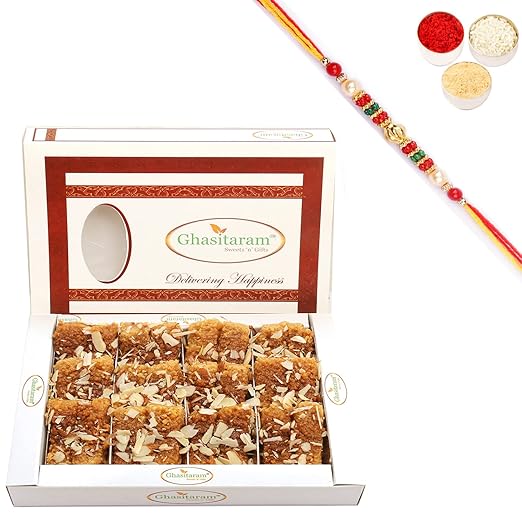 Ghasitaram Gifts Rakhi Gifts for Brothers Rakhi Sweets - Milk Cake 400 GMS with Beads Rakhi