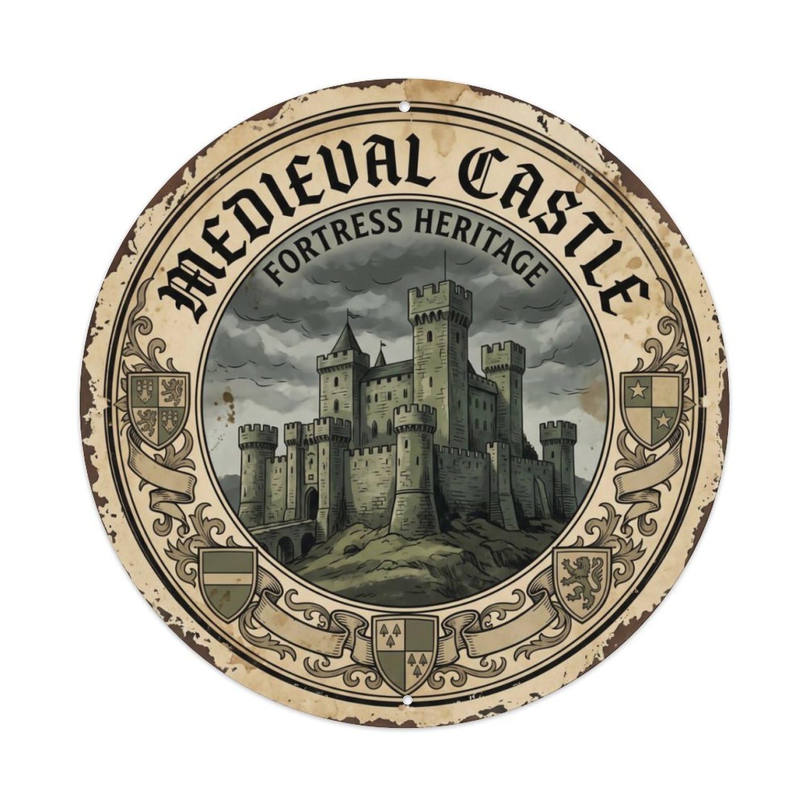 Vintage Travel Medieval Castle Fortress Metal Tin Sign Plaque Wall Decor for Cafe, Club Bar, Office, Home Garden Round Metal Poster 8x8Inch