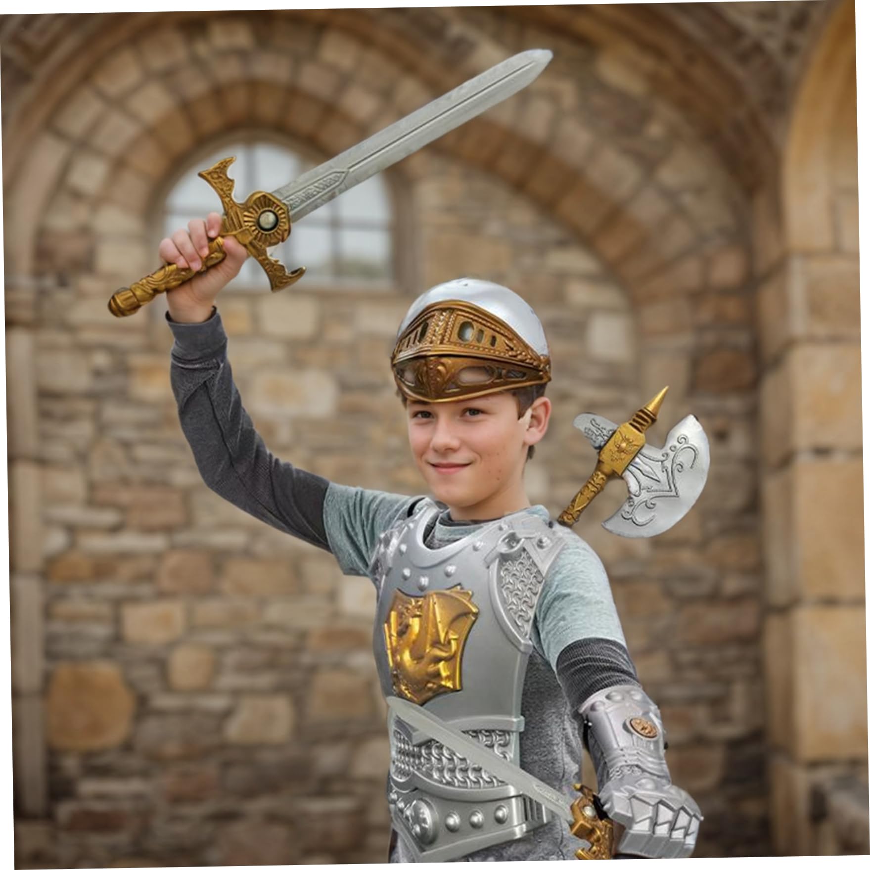 Costume da cavaliere per bambini 10 pezzi/set Armatura simulata da cavaliere medievale include casco, scudo, spade, ascia e altri costumi da vestire per bambini per giochi di ruolo, cosplay, feste di