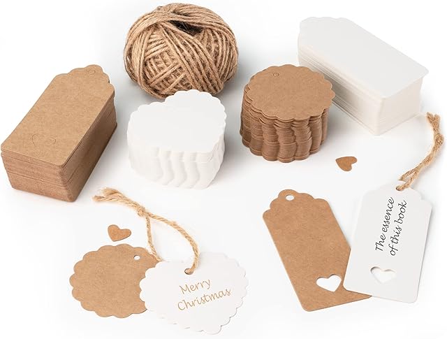 RUAMMER Gift Tags, 200 Pcs Kraft Paper Tags, Vintage Wedding Christmas Birthday Gift Tags with String(30m Jute Twine), Rectangle Scalloped Heart Hang Tags Labels, for DIY, Kid Crafts, Gift Decor