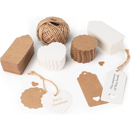 200PCS Étiquettes Cadeau Kraft Brun Et Blanc - Formes Rectangulaires, Cœurs, Éventails Avec 30m Ficelle De Jute