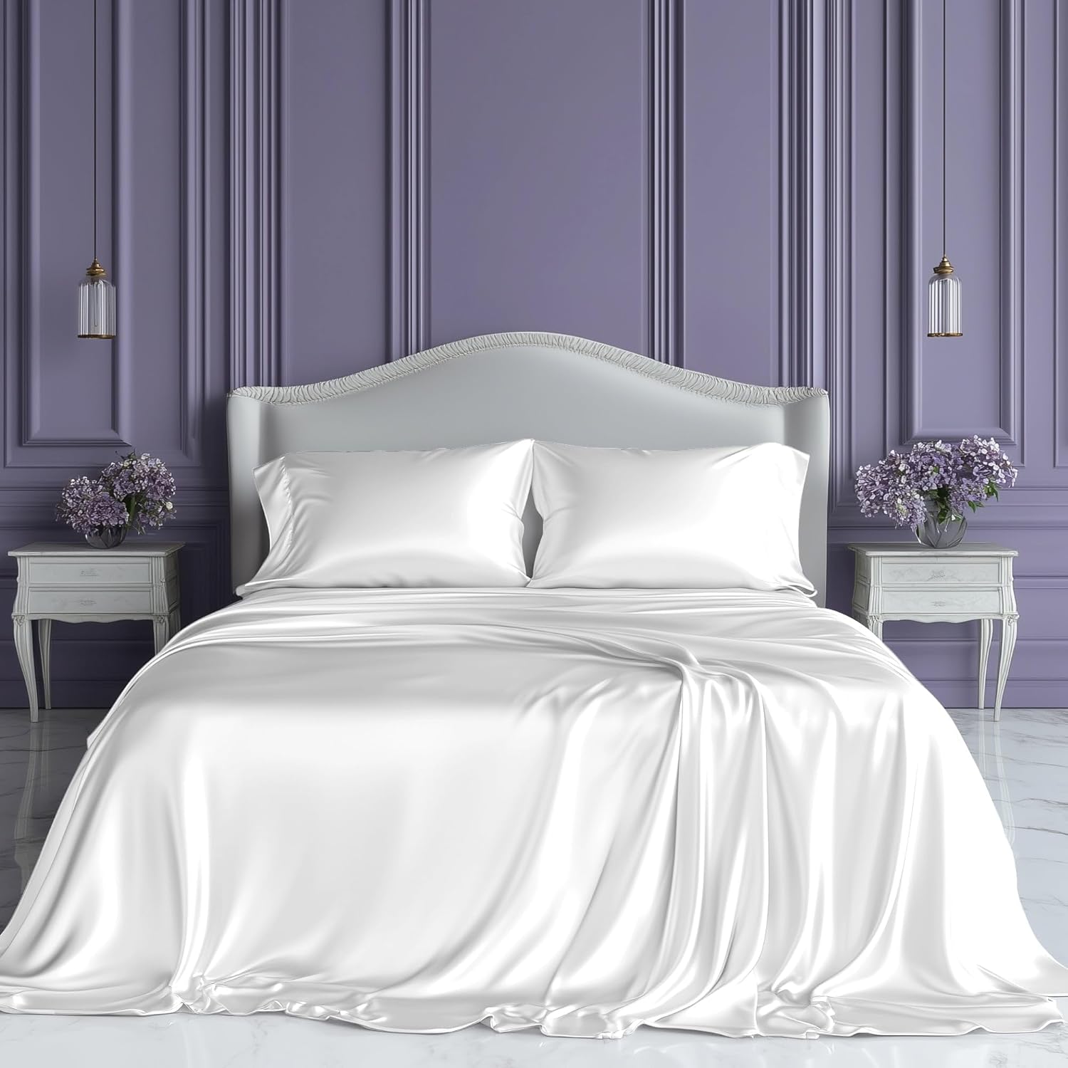 sleep sanctuary satin sheets queen size – 4 piece luxury silky bed set, softer than silk, 15" deep pocket, cooling & wrinkle-free, moisture-wicking & breathable for hair & skin (white) white queen