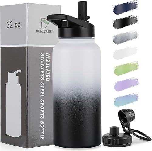 Miniatura 78 de DOMICARE Botella de agua aislada, 22 onzas, botella deportiva reutilizable de acero inoxidable aislada al vacío con tapa de popote y tapa de