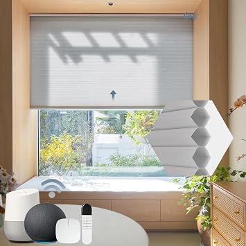 Motorized Cellular Shades Compatible with Alexa Google Blackout Single Cell Honeycomb Blinds Solar Blinds for Indoor Windows Custom Size, 60% Blackout Grey