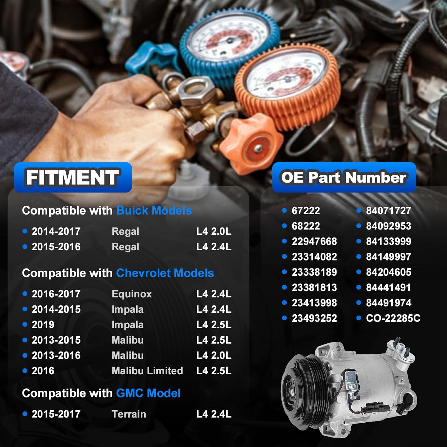 Air Conditioner AC Compressor with Clutch with Clutch Compatible with Buick Regal 2014-2017, Chevrolet Equinox 2016-2017, Impala 2014-2015, Malibu 2013-2016, GMC Terrain 2015-2017, w/One Plug