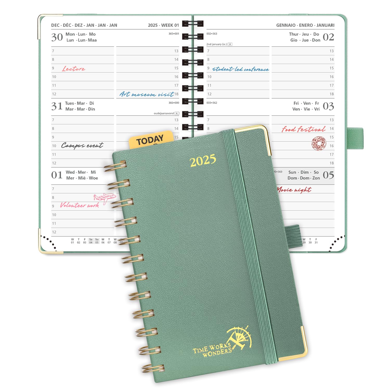 POPRUN Agenda Settimanale 2025 Piccola Spirale 16 x 10,5 cm, Copertina Rigida, Agenda 2025 Tascabile con Angolo di Protezione in Oro, Carta Spessa da 100 GSM, Verde Mezzanotte