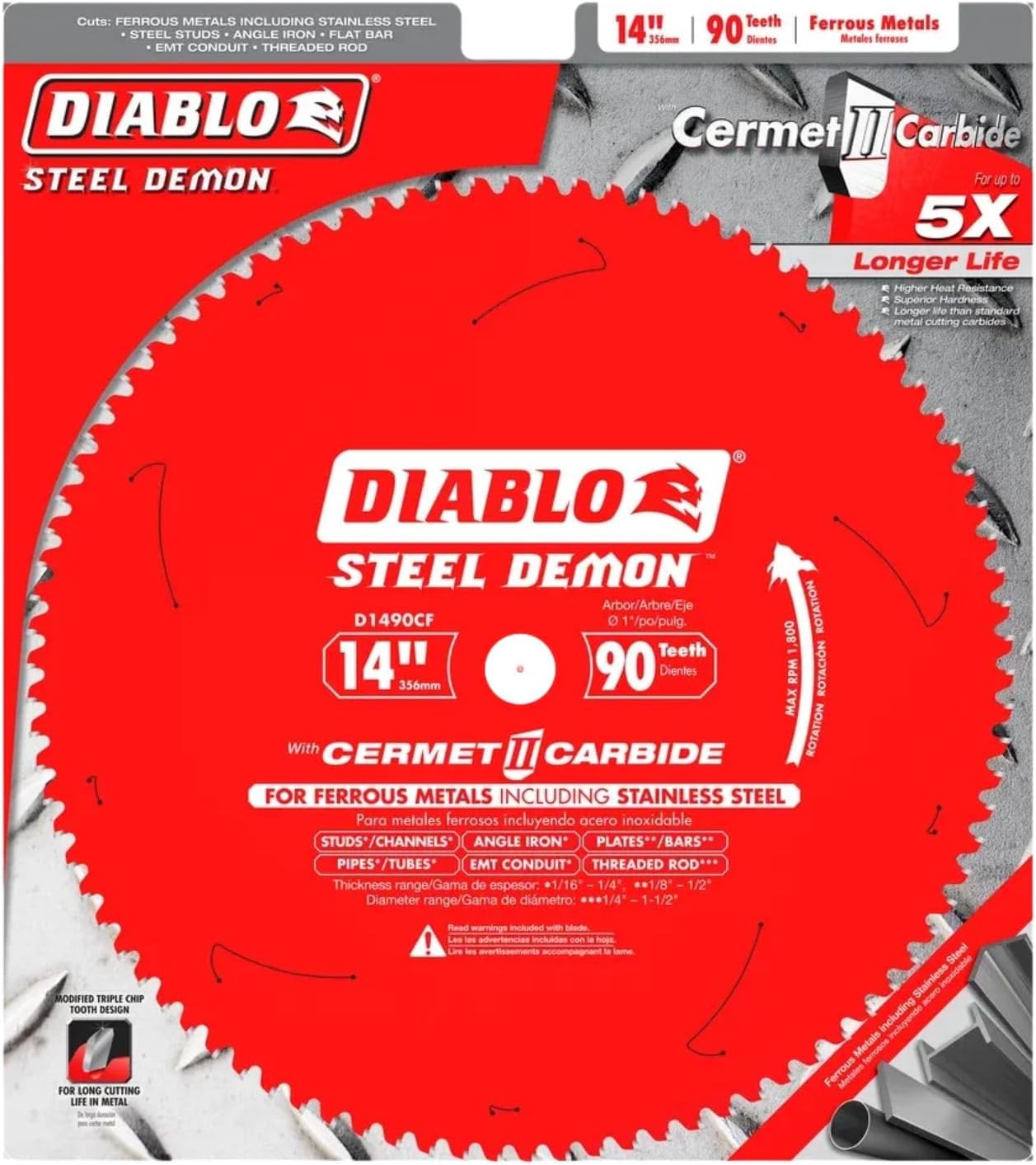 Diablo Steel Demon Cermet II Saw Blade for Thin Metal - 14" Diameter, 90 TCG Teeth, 1" Arbor, .083" Kerf, 0° Hook Angle, .0.71" Plate, 1800 Max RPM - D1490CF