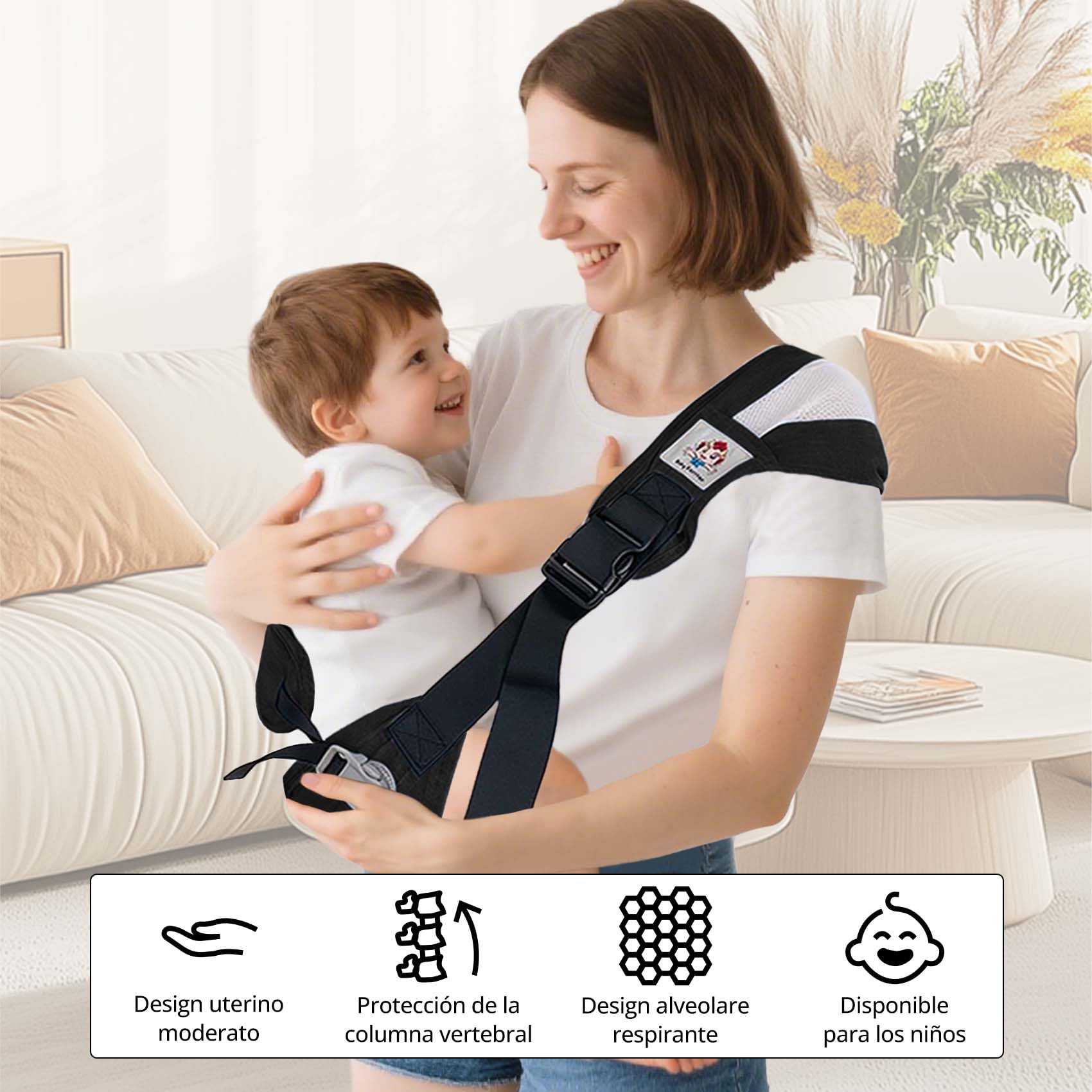 JOYNCLEON Portabebè Fisiologico da Neonato a Bambino, Fascia Portabebè Laterale con Spallone Extra Largo, Regolabile ed Ergonomico 0-36 Mesi, per Viaggi e Supporto Anca Sano (Nero)