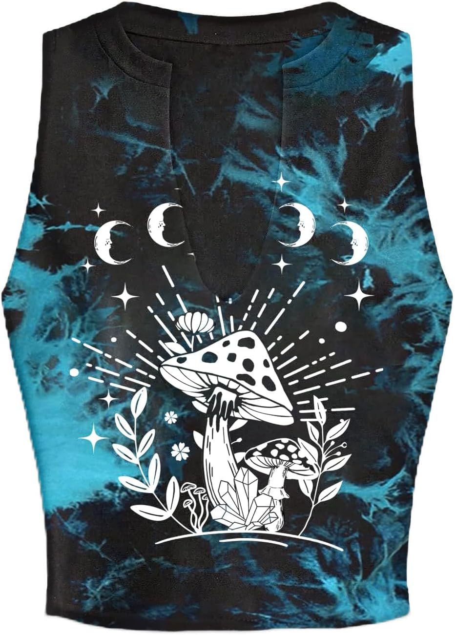 Remidoo Women's Graphic Tank Top Sleeveless Notched V Neck Muscle Crop Top Mushroom Shirt