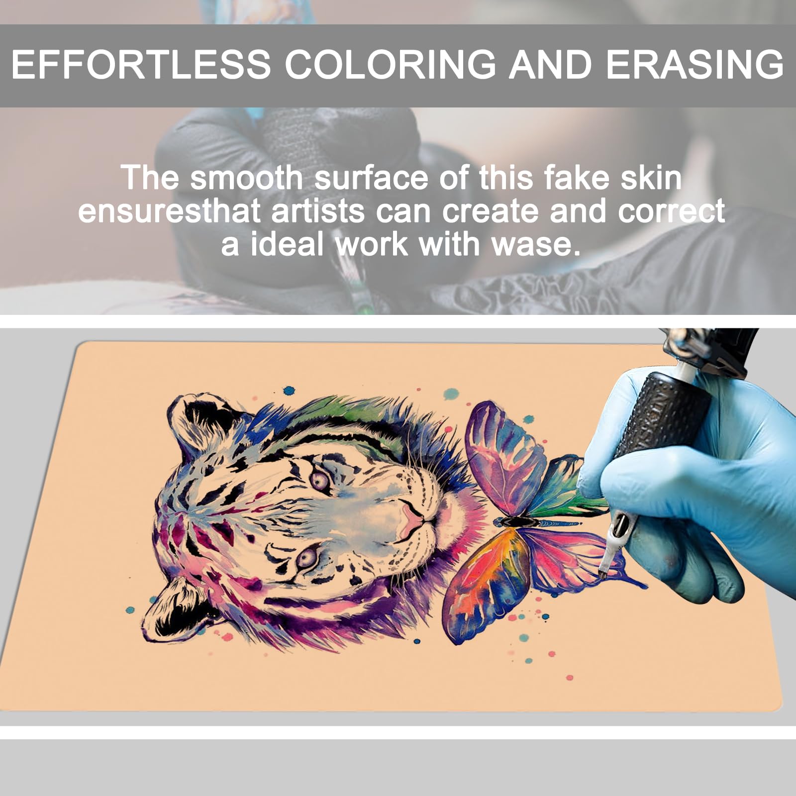 Joyeee 6 Piezas Piel Sintetica Tatuaje 3mm, 29,7×19,5cm Piel de Práctica de Tatuaje Silicona, con 10 Hojas Papel de Transferencia de Tatuajes, para Tatuadores Principiantes y Experimentados