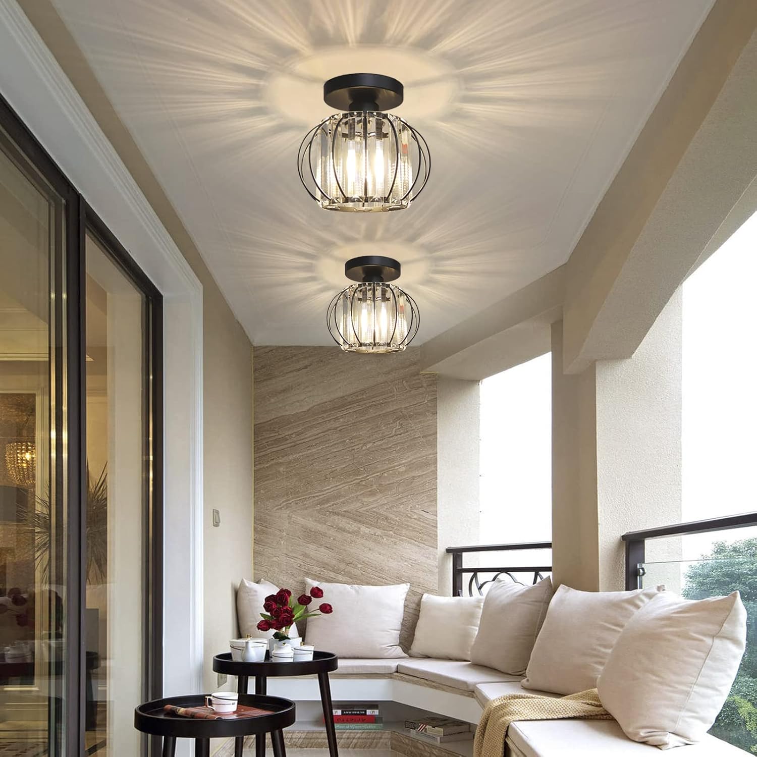 HGB Ke Senle Crystal Ceiling Light,Mini Flush Mount Ceiling Light, Small Crystal Chandelier, Entryway Pendant Light for Dining Room,Bedroom,Kitchen (Black)