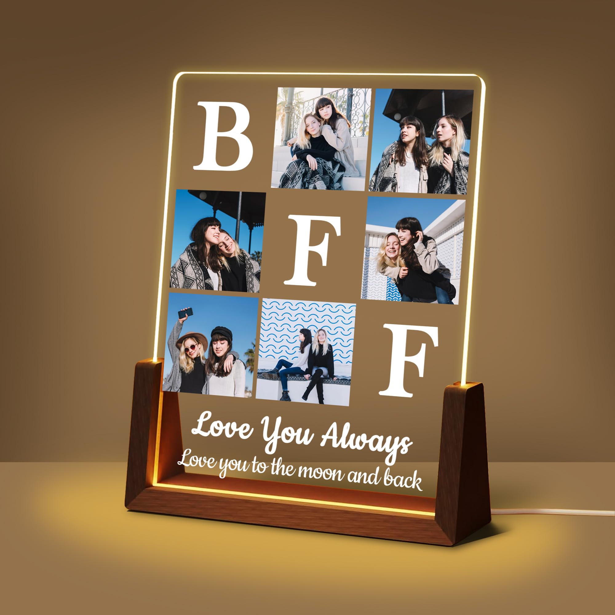Custom Best Friend Picture Frame Gifts, Friendship Gifts For Women Friends Sister, Acrylic Plaque Photo Collage Frame With Night Light, Personalized BFF Unique Birthday Christmas Gifts