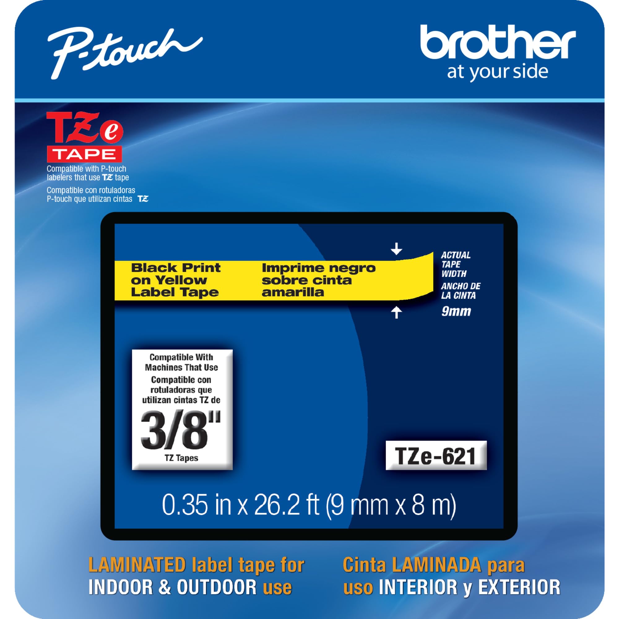 Brother Genuine P-touch, TZe-621CS, 0.35” x 26.2’, Black on Yellow Laminated Label Tape