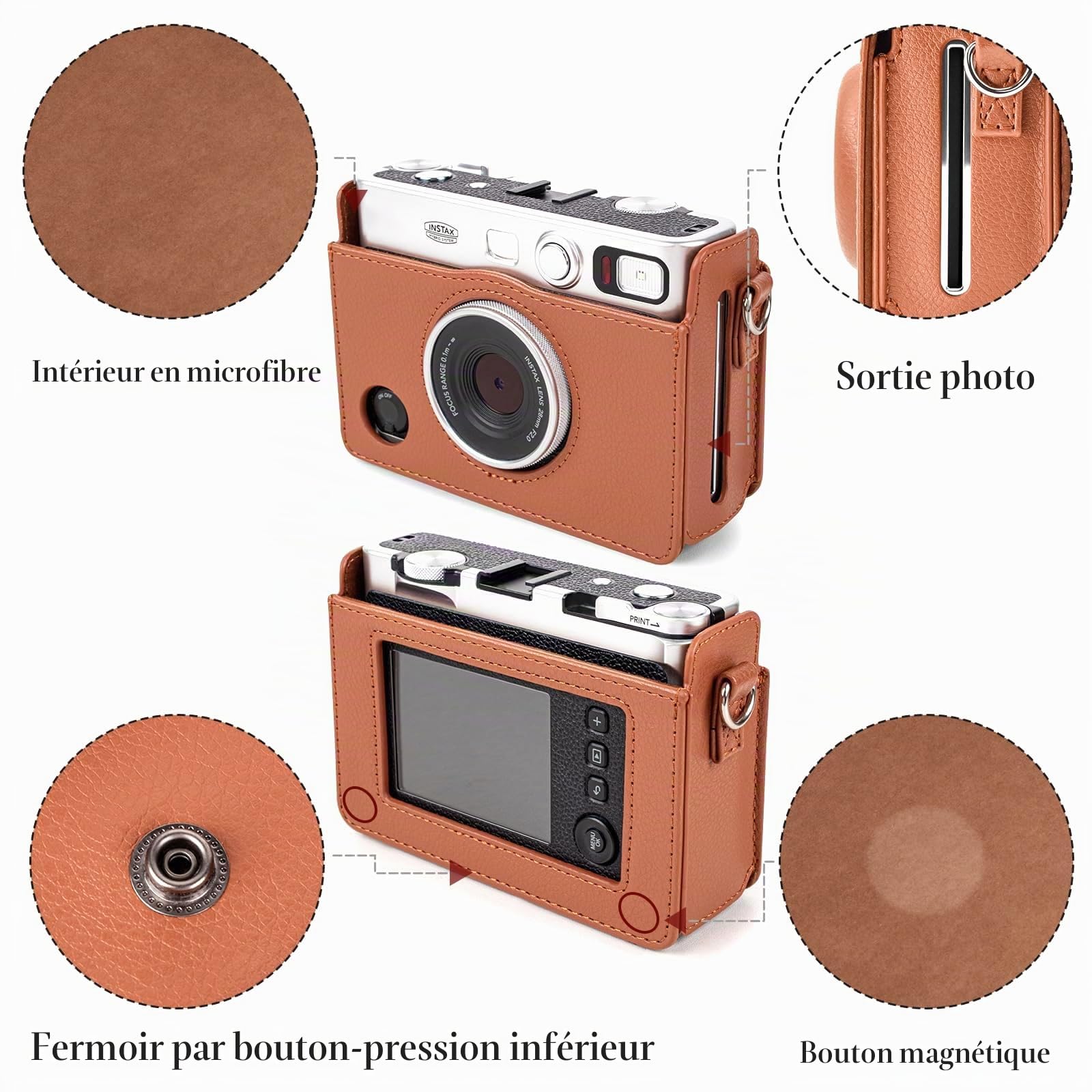 Rieibi Etui pour Appareil Photo Mini Evo, Housse de Protection en Cuir PU Vintage pour Appareil Photo instantané Fujifilm Fuji Instax Mini Evo avec bandoulière Amovible