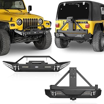 Hooke Road Wrangler TJ Front Winch Bumper + Rear Bumper with Tire Carrier Combo Compatible with Jeep Wrangler TJ 1997-2006 (Steel Black)