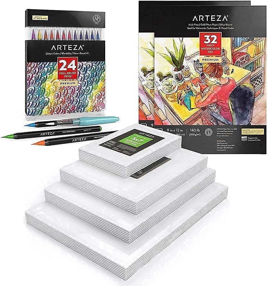 Arteza Real Brush Pens, Watercolor Paper and Canvas Panels Multi Pack Bundle, Drawing Art Supplies for Artist, Hobby Painters & Beginners
