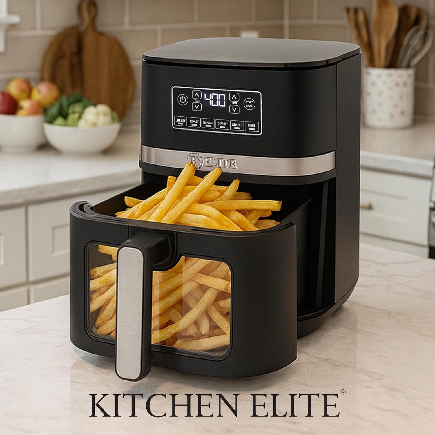 Crispy french fries being cooked in the Kitchen Elite 5 Qt Digital Air Fryer Oven's basket.