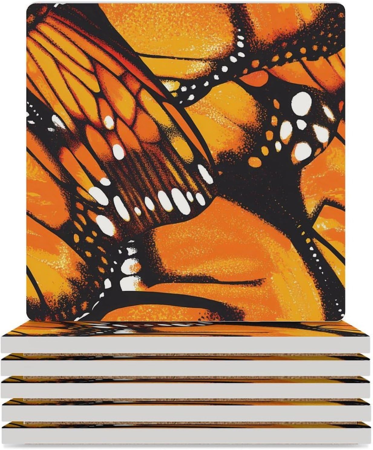 Monarch Butterfly Wings Funny Ceramic Coasters for Drinks Absorbent Cup Holder Tabletop Protector with Cork Base