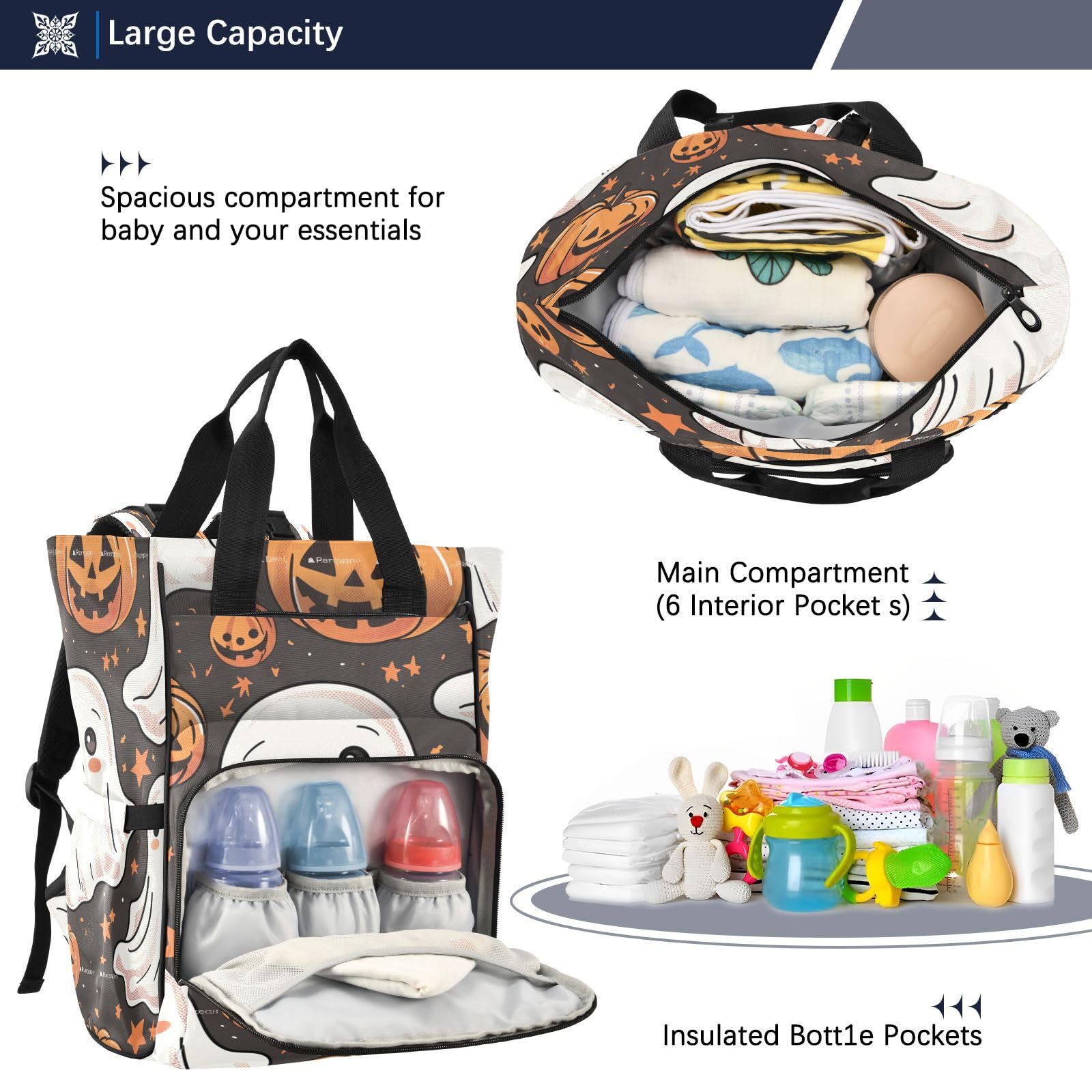 Calabazas Negras EspíRitus Lindos Bolsa de Pañales Mochila de Viaje Gran Capacidad Bolsas para Mamá Papá Mujeres Niñas