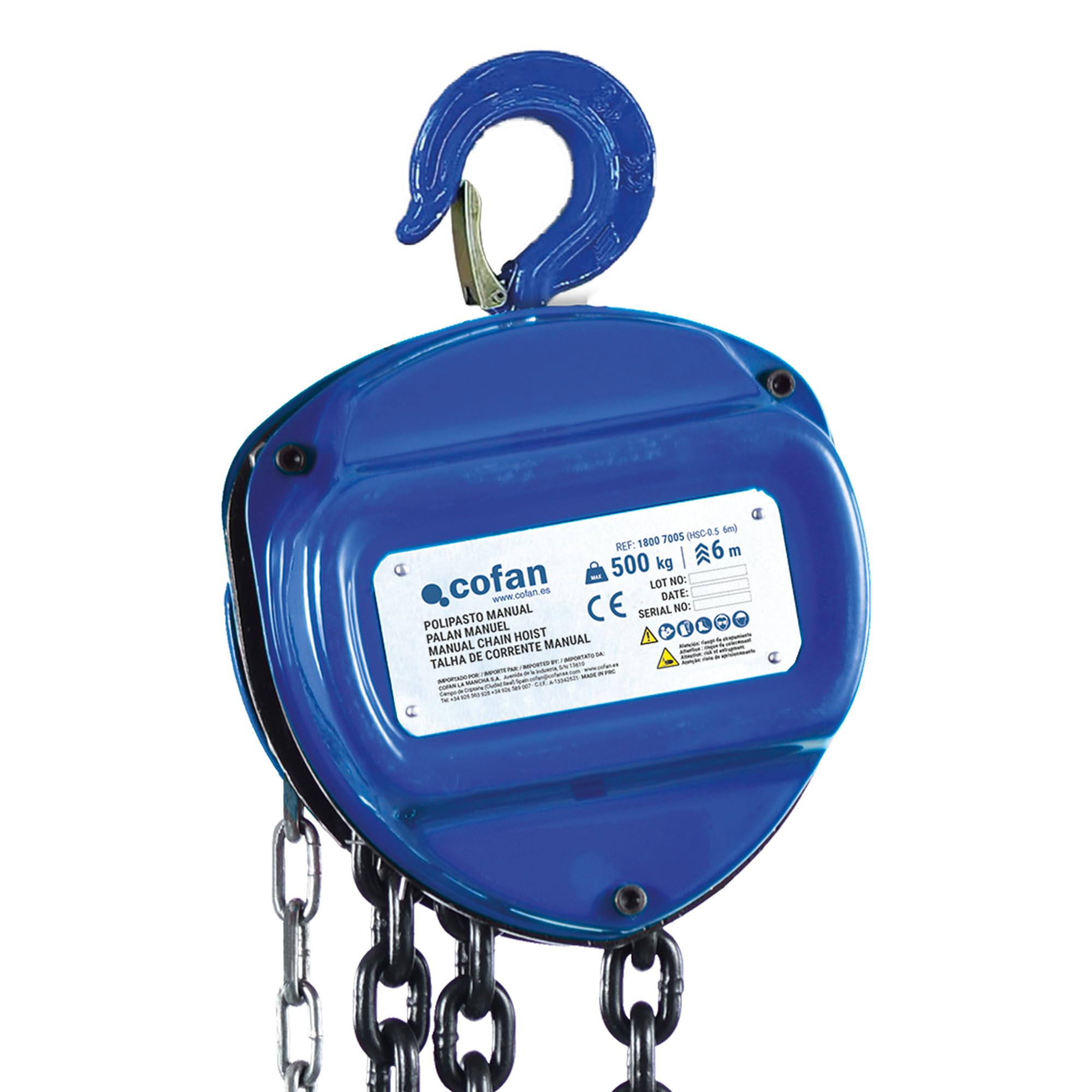 Cofan Polipasto de cadena manual | Altura de elevación: 6 m | Capacidad de carga: 500, 1000, 2000, 3000 o 5000 kg | Color: azul | Gancho resistente (Azul, Carga 1000 kg)
