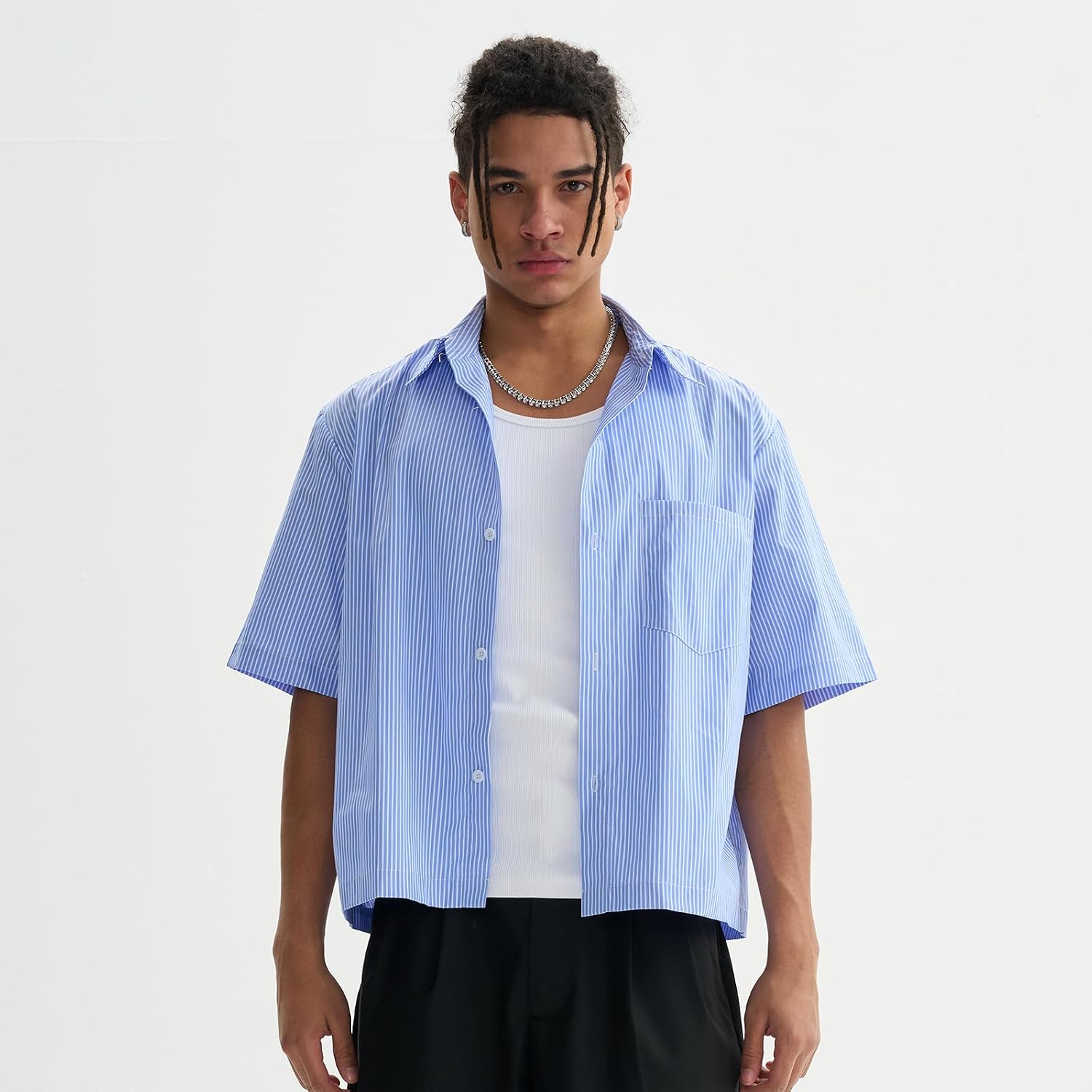 Men's Striped Boxy Cropped Shirts Short Sleeve Button Down Tee Shirt Oversized Baggy Blue T Shirts For Men