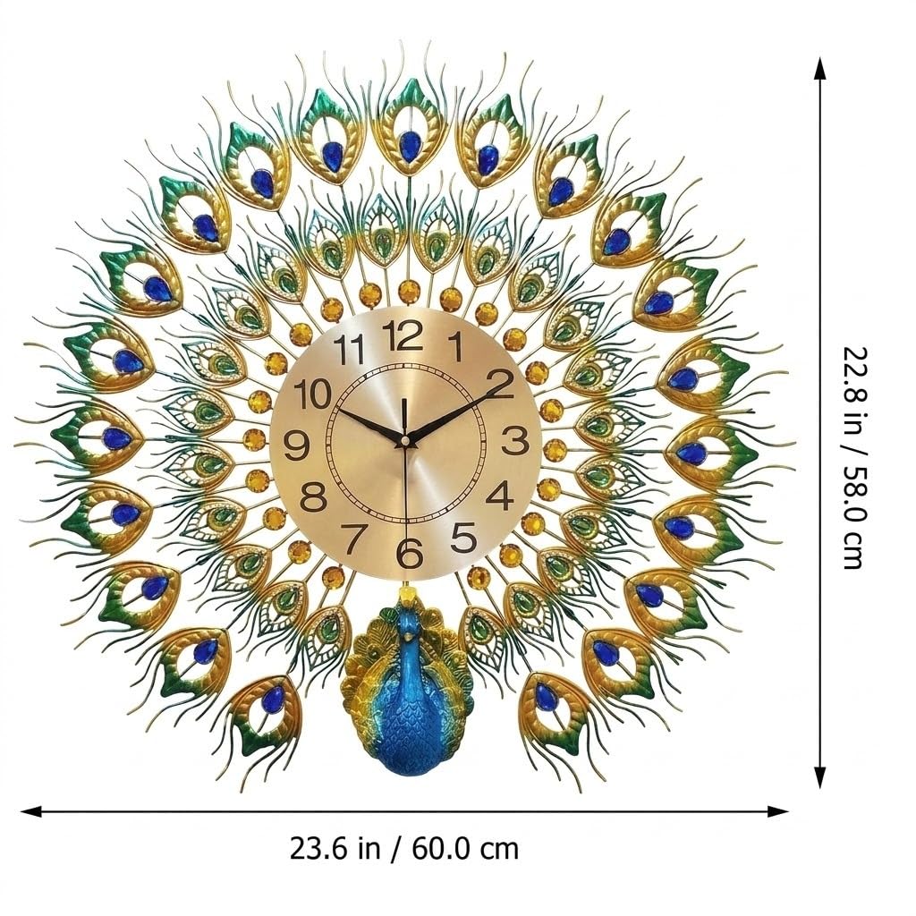 R RUNILEX Large Wall Clock for Living Room Decor,Mid Century Decorative Non-Ticking Silent Luxury Peacock Clock for Dining Room Bedroom (Pickock Clock)