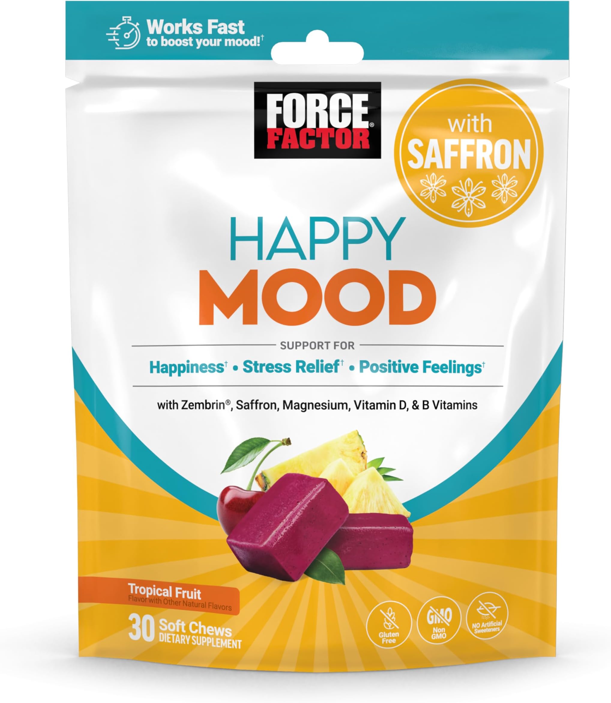 Happy Mood, Mood Support and Mood Balance Supplement to Support Happiness, Positivity, and Stress, Made with Magnesium, Saffron, Zembrin, Non-GMO, Tropical Fruit Flavor, 30 Soft Chews
