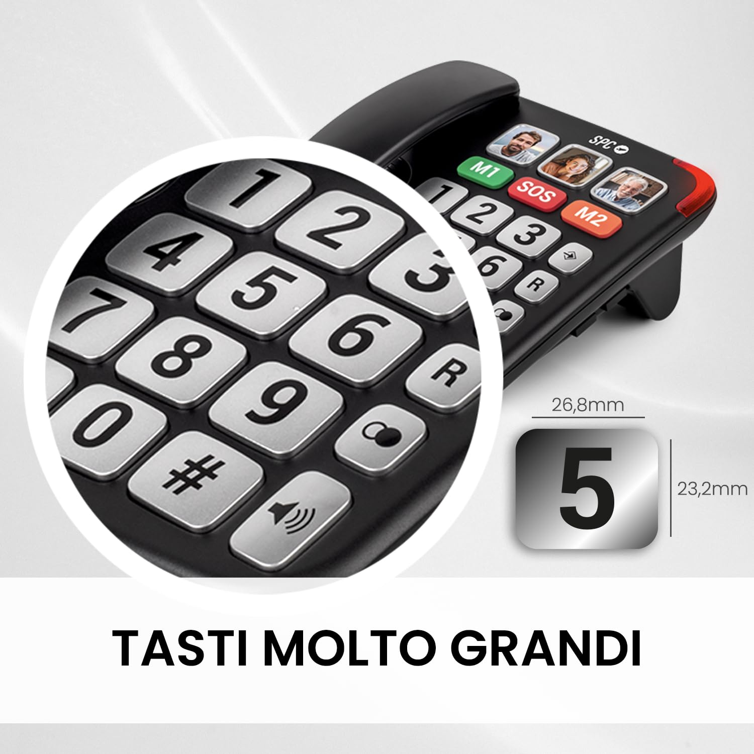 SPC Comfort Numbers Pro – Telefono fisso per anziani con tasti grandi e suoneria forte | Volume chiamata amplificabile +20dB | 6 memorie dirette, vivavoce | Compatibile con apparecchi acustici - Nero