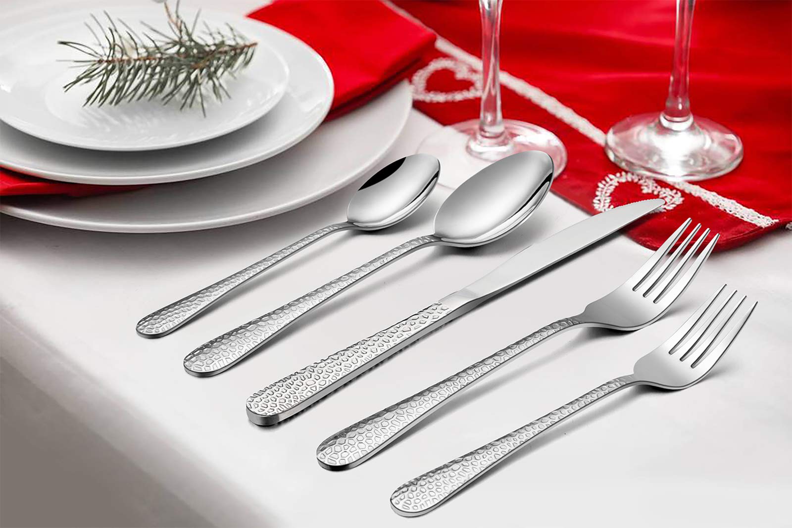 TEAMFAR Juego de cubertería de 60 piezas, acero inoxidable, para 12 personas, mango de martillo, tenedor, cuchara, pulido brillante y apto para lavavajillas