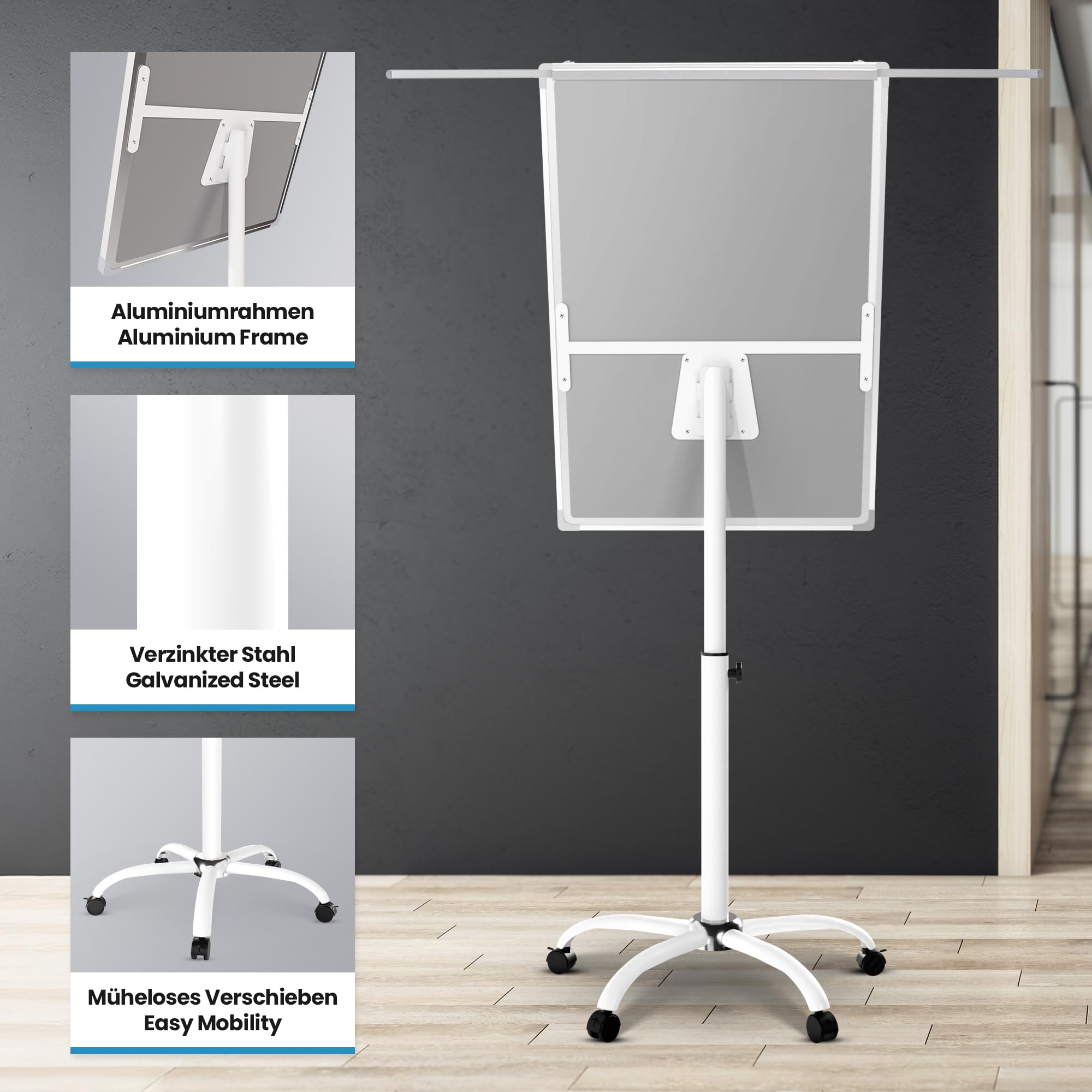 Jago® Lavagna a Fogli Mobili - con Ruote, 60 x 90 cm, Altezza Regolabile, 2 Bracci Estensibili, con Pennarelli, Magneti, Spugna - Lavagna Portablocco, Flipchart, Bacheca Magnetica