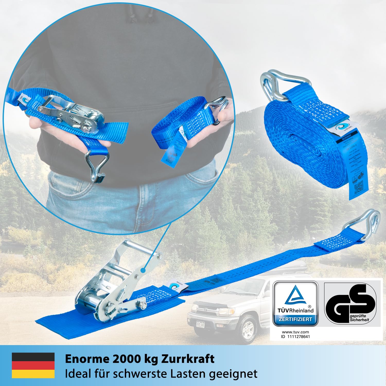 valonic Norway - 4X 6m Spanngurte mit Haken, Blaue Fahne, 35mm, 1000/2000 Kg - mit Polsterung, TÜV Rheinl. / GS, DIN EN 12195-2, zweiteilig - Transport Gurt mit Ratsche für LKW, Anhänger, blau
