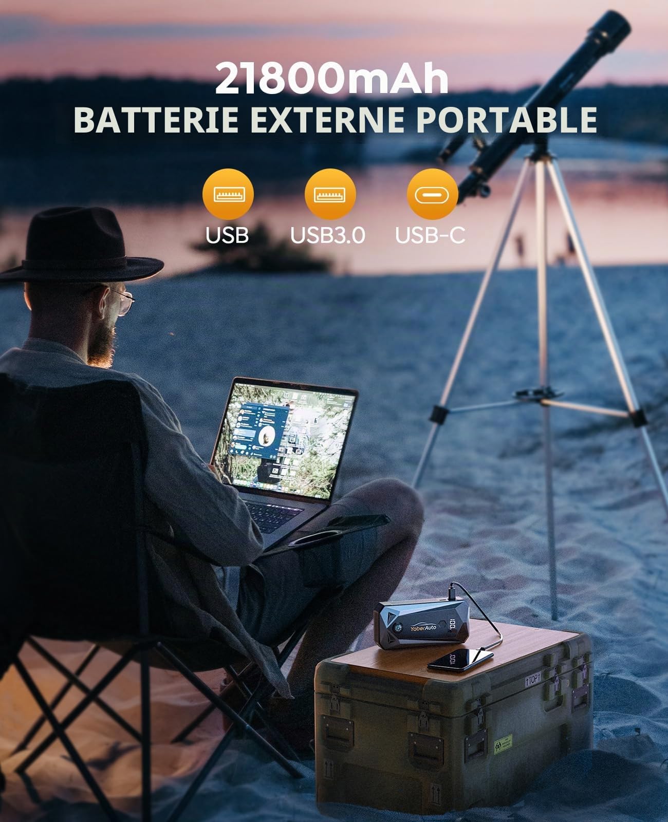 YaberAuto Démarreur de batterie portable 5000 A 21800 mAh (gaz 9,0 L, moteur diesel 8,0 L), batterie de voiture, charge rapide, câbles de démarrage, boîte de démarrage avec 3 modes
