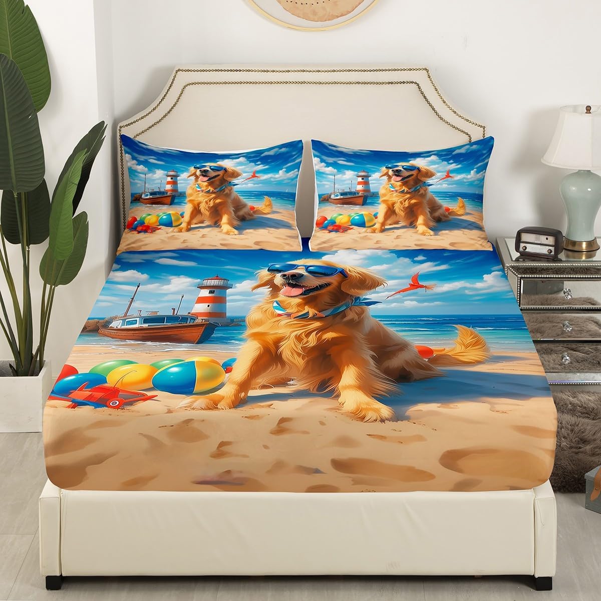 Cute Dog Bed Sheets King Size,Summer Ocean Beach Bedding Set 4Pcs for Kids Girls Boys Teens Room Decor,Doggy Family Pet Animal Fitted Sheet Romantic Hawaii Sea Top Flat Sheet,2 Pillowcases