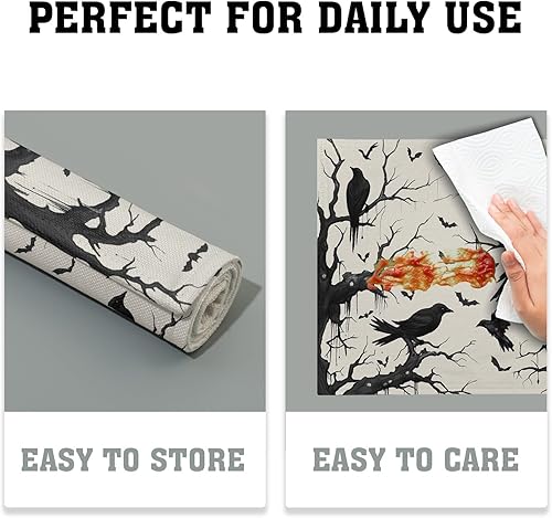 Miniatura 6 de Juego de 4 manteles individuales de lino de Halloween de cuervo de 12 x 18 pulgadas, cuervos y murciélagos en el bosque, resistentes al calor,