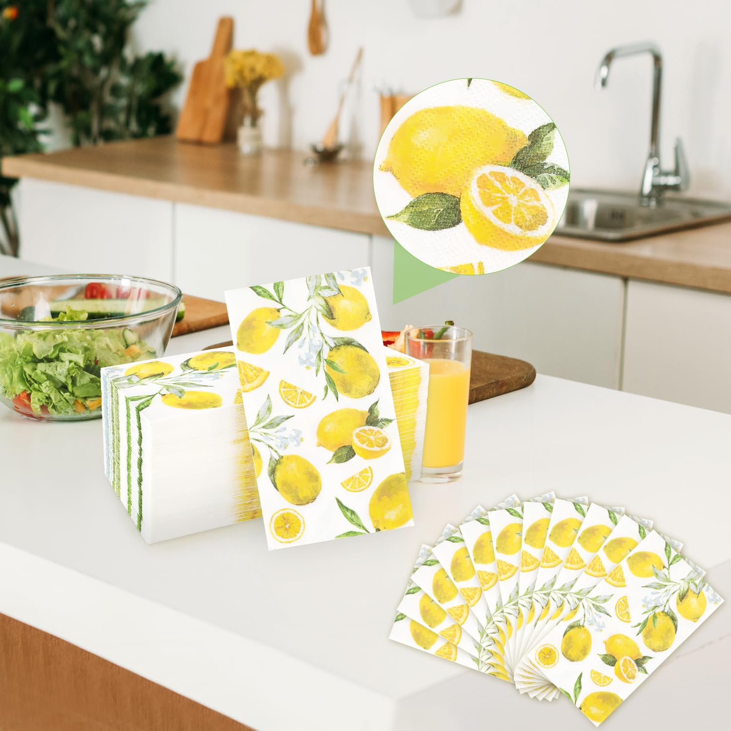 100 servilletas de papel desechables de acuarela y limón, toallas de mano, servilletas de cóctel de limón amarillo, 4.3 x 7.9 pulgadas, servilletas de fiesta suaves y absorbentes para invitados, baño,