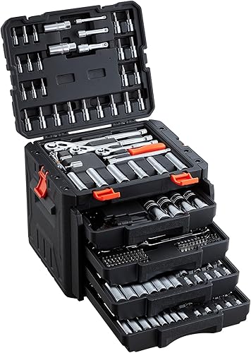 Miniatura 14 de VEVOR - Juego de herramientas para mecánicos y juego de vasos estándar y profundos, 145 piezas en unidades SAE y métricas con puntas, llave