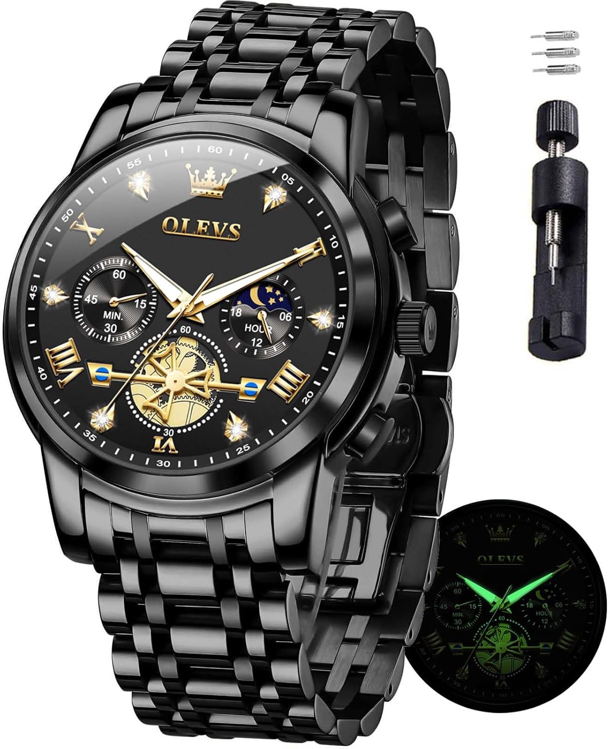 OLEVS Watches for Men Luxury Business Chronograph Analog Quartz Black Men Watch Big Face Dress Stainless Steel Men's Wrist Watches Reloj para Hombre